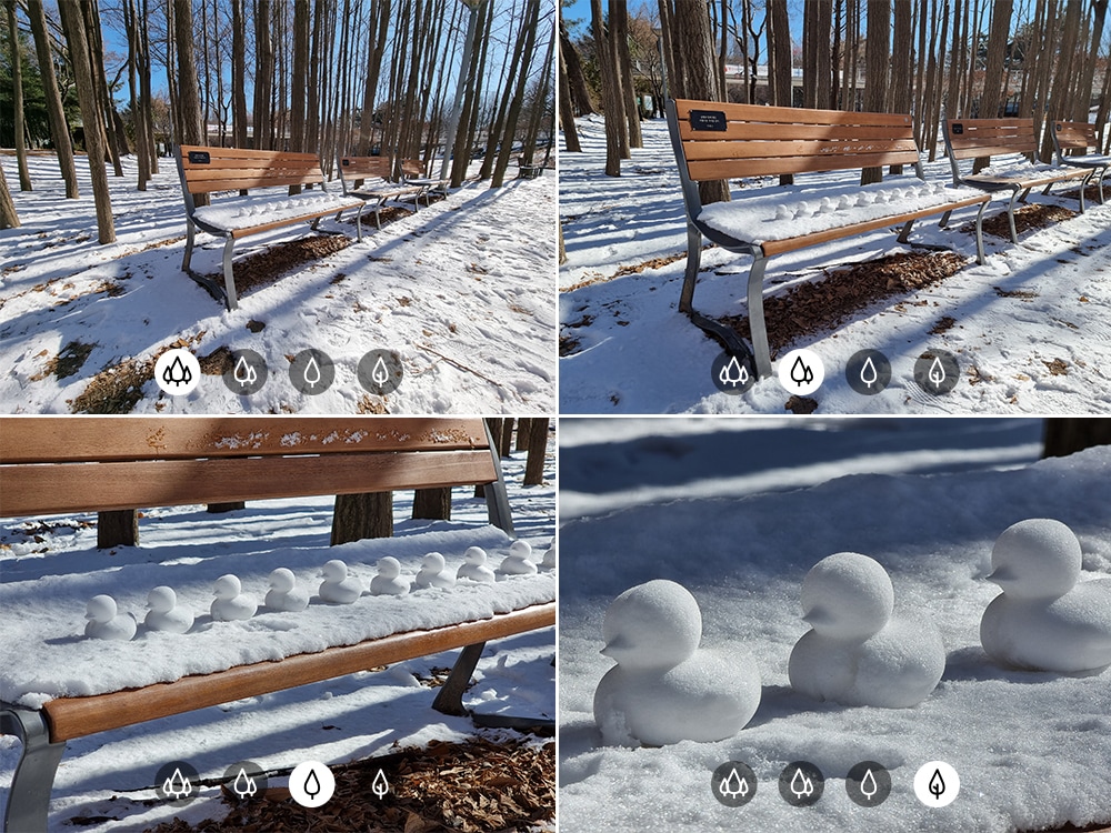 Galaxy S21 Ultra 5G（ギャラクシーS21 Ultra 5G）の超広角カメラ、広角カメラ、2つの望遠カメラで撮影した雪が積もった公園の風景。