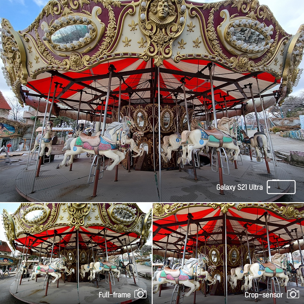 Galaxy S21 Ultra 5G（ギャラクシーS21 Ultra 5G）の超広角カメラ、DSLRカメラで撮影した公園のメリーゴーランド。