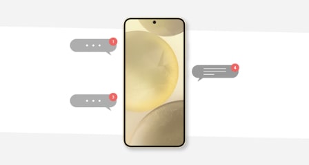  Galaxy S24（ギャラクシーS24）のデバイスから通知を想像させるような吹き出しが飛び出ている。