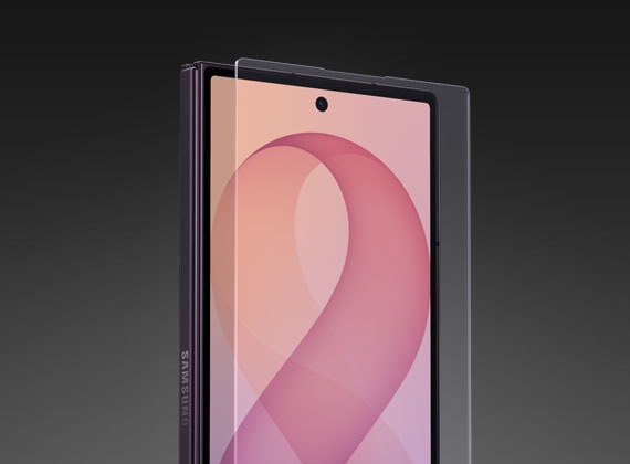 Corning Gorilla Glass（コーニングゴリラガラス）が、折りたたんだ状態のGalaxy Z Fold8 Ultraバイオレットシャドウのカバー画面上に浮かんでいる様子。