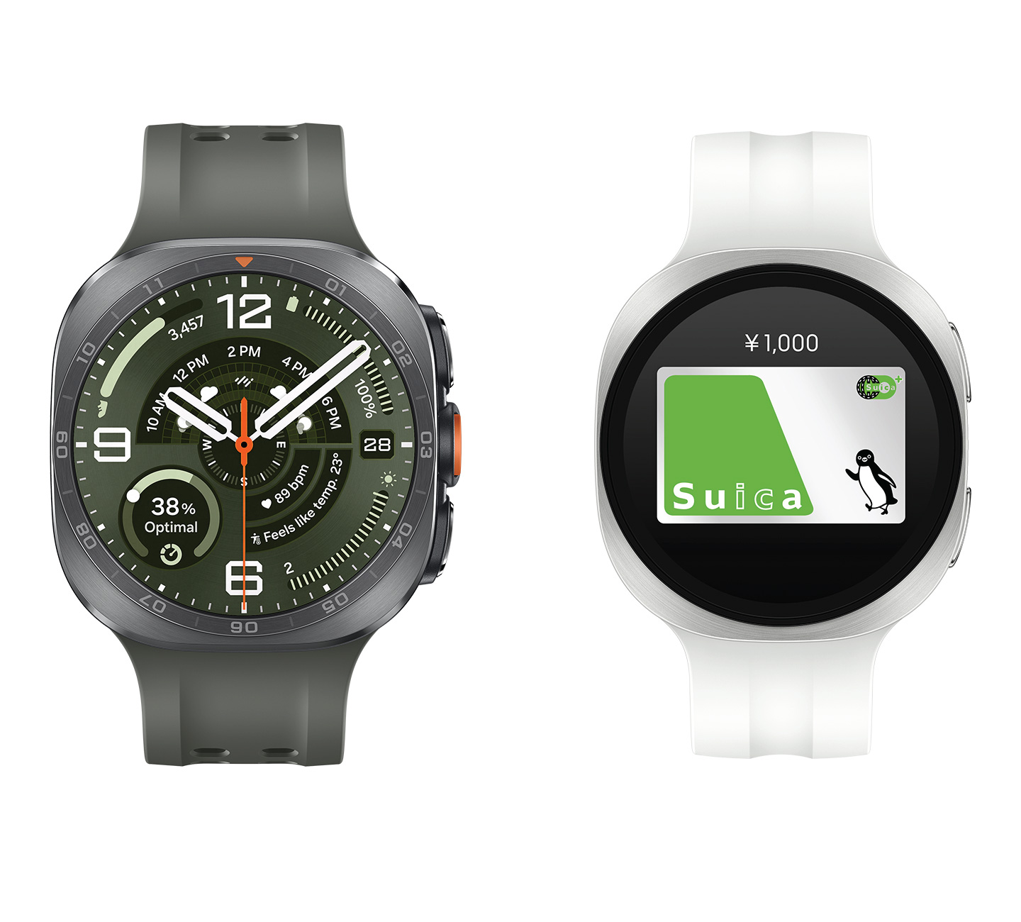 Galaxy Watch Ultra2とGalaxy Watch9が並んでいる。Galaxy Watch9のディスプレイにはSuicaが表示されている。