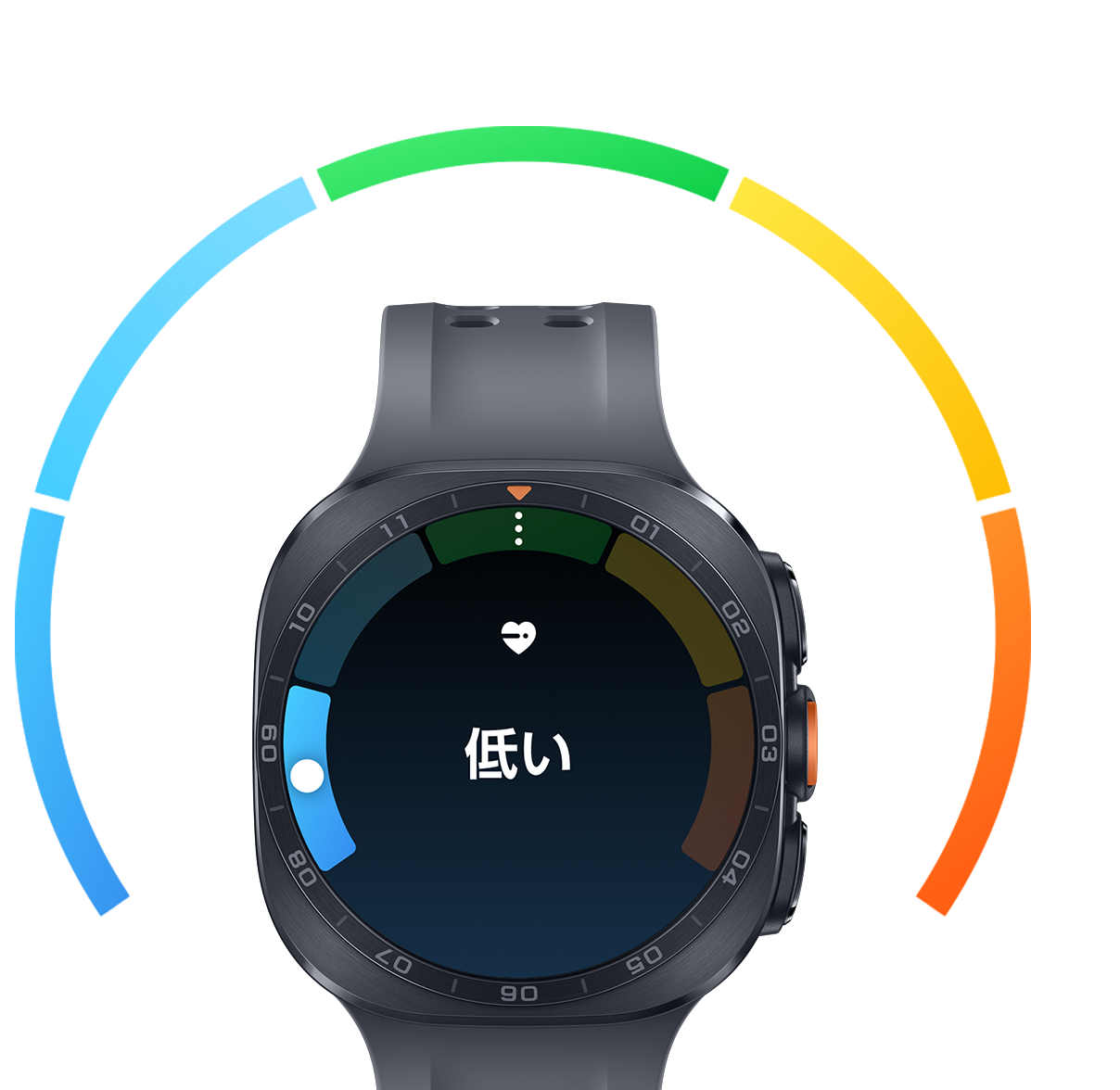 Galaxy Watch Ultra2（チタニウムグレー）にブラックのMarine Bandを組み合わせた正面画像が映し出されている。ディスプレイにはカラーバーが表示された心血管モニタリングのインターフェースと、「低い」のテキスト、ブルーのバーがハイライト表示されている。