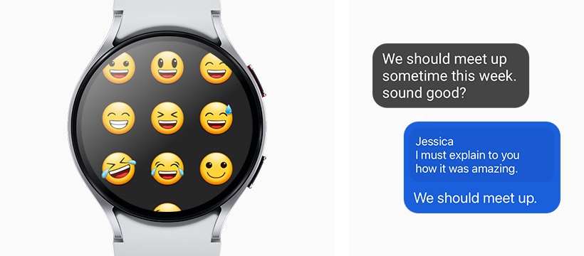 テキスト画面に絵文字一覧が表示されたGalaxy Watch6(ギャラクシーウォッチシックス)。2件のテキストメッセージがあり、スマートフォンを取り出すことなく、Galaxy Watch6(ギャラクシーウォッチシックス)でテキストメッセージの送受信が可能であることが表されている。
