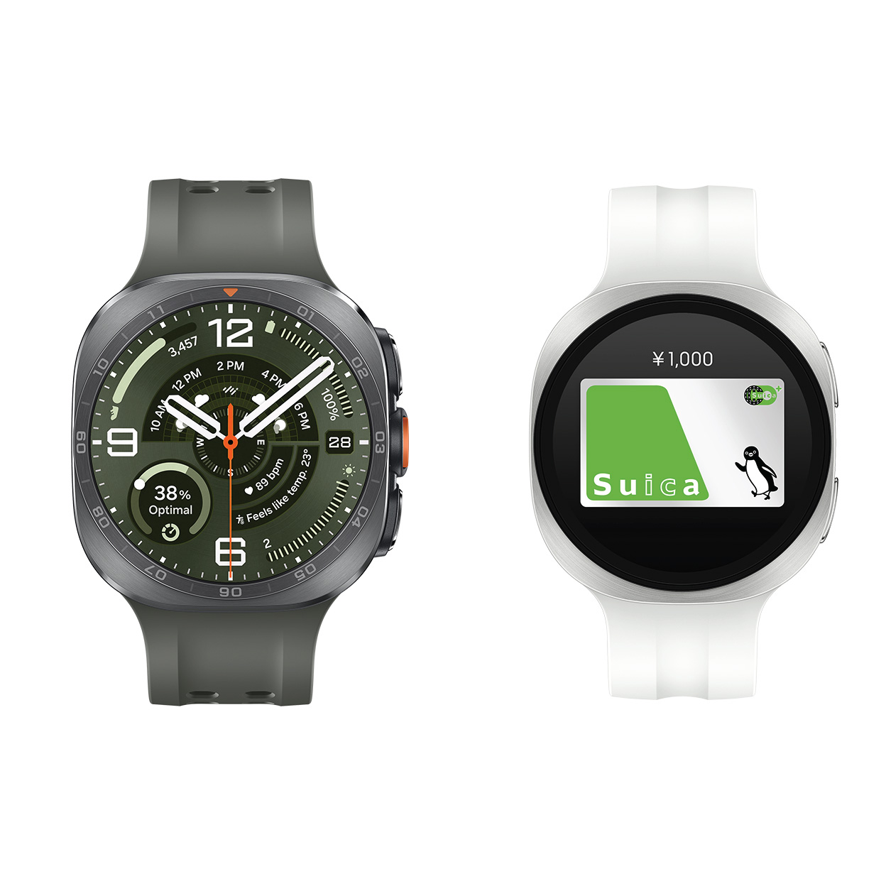 Galaxy Watch Ultra2とGalaxy Watch9が並んでいる。Galaxy Watch9のディスプレイにはSuicaが表示されている。