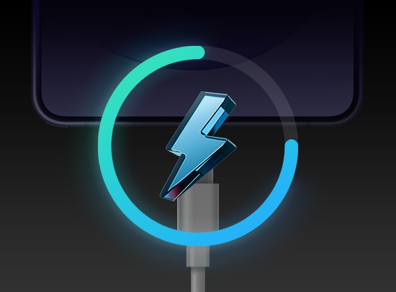 USB-C充電ケーブルがGalaxy S26 Ultraに接続されています。充電サークルと稲妻のマークが重ねて表示され、超急速充電機能を示している。