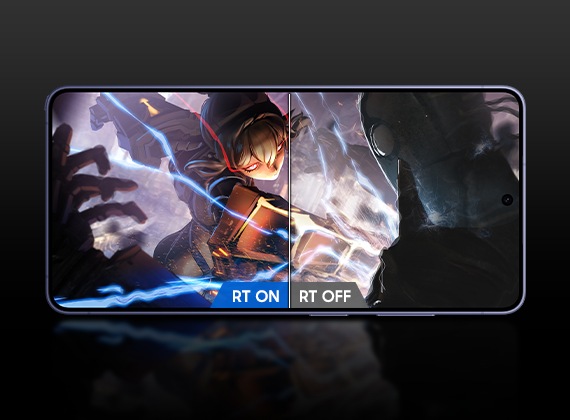 ディスプレイにゲーム画面を表示した、Galaxy S26 Ultra（コバルト バイオレット）の前面。画面が半分に分割され、片側にはレイトレーシングによる精細で鮮やかなグラフィックが表示され、もう片側にはレイトレーシングがなく、画像はくすんでぼやけている。