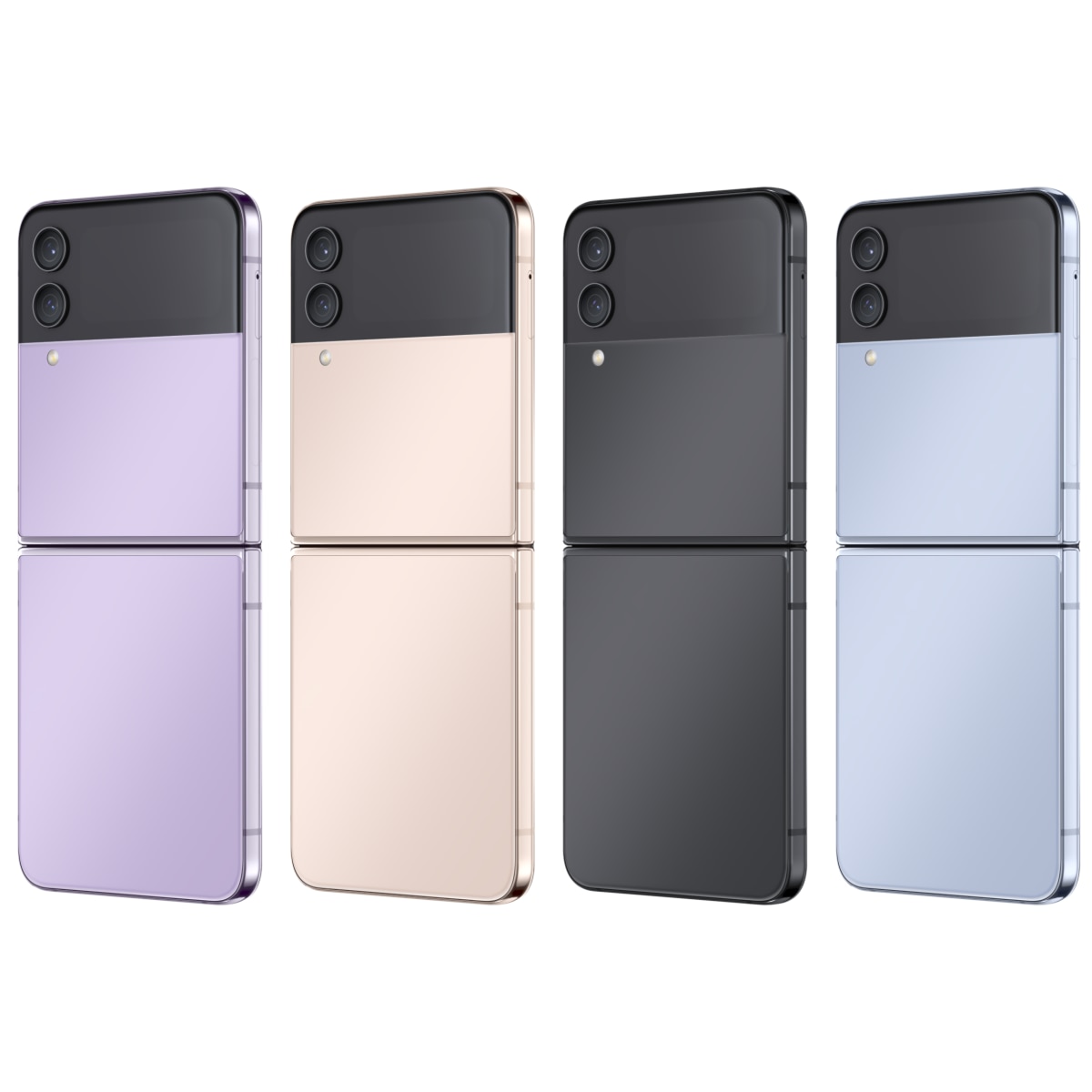 Four unfolded Galaxy Z Flip4 devices seen from the Rear Cover in Bora  Purple, Pink Gold, Graphite, and Blue.