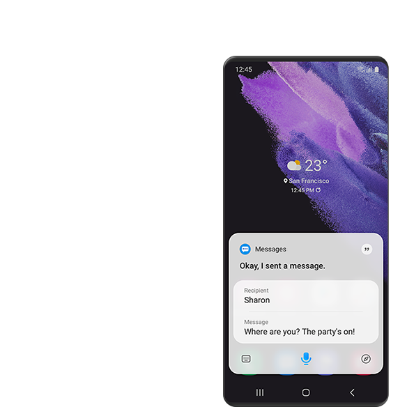 Galaxy телефондағы «Хабарлар» қосымшасындағы Bixby компаниясының Galaxy басқару мүмкіндіктерін пайдаланып жазылған мәтіні бар экран: «Қайдасың? Кеш қатысуда!»