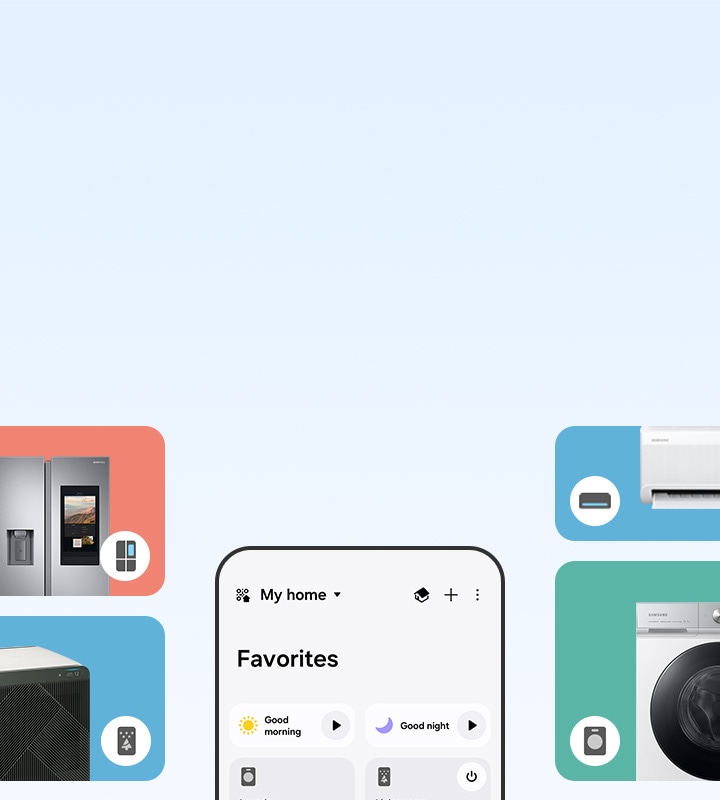 Galaxy құрылғысының экраны SmartThings «Менің үйім» басқару тақтасын көрсетеді: онда сүйікті құрылғылар тізімі берілген және айналасында кір жуғыш машина, ақылды розетка, тоңазытқыш, ауа тазартқыш, шаңсорғыш және кондиционер сияқты әртүрлі ақылды үй құрылғылары орналасқан, олардың барлығы Samsung құрылғыларының өзара қосылған экожүйесін көрсетеді.