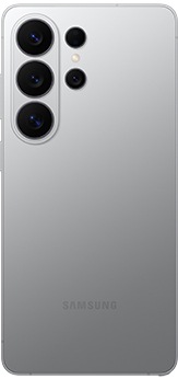 Galaxy S26 Ultra артқы жағынан күміс түспен көрінеді.