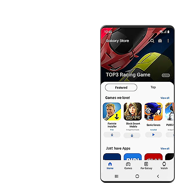 Появится экран графического интерфейса игры в магазине Galaxy Store. Три лучших гоночных игры показаны в верхней части экрана, а Fortnite, Black Desert и Sonic Forces — популярные игры в середине.