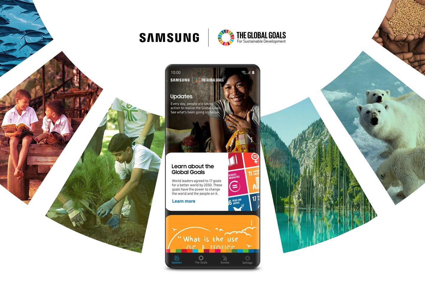 Смартфон Galaxy с имитируемым интерфейсом приложения Samsung Global Goals находится перед кольцом коллажированных изображений, отражающих Цели ООН в области устойчивого развития. Samsung сотрудничает с Организацией Объединенных Наций, чтобы дать пользователям возможность сделать более светлое будущее для всех.