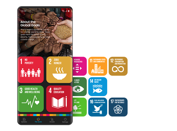 На главном экране Samsung Global Goals красочные плитки с концептуальными символами представляют каждый из 17 целей. Приложение предоставляет пользователям информацию о целях устойчивого развития.