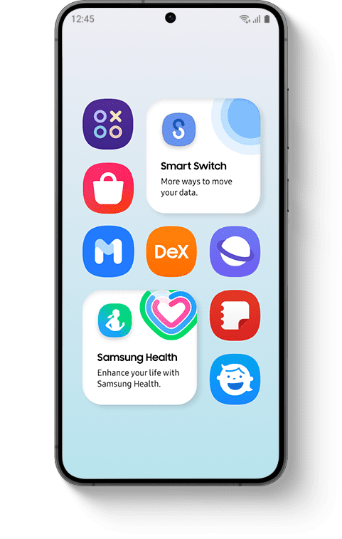 В центре изображено устройство Samsung Galaxy, на котором отображаются значки различных приложений и служб. Смартфон окружен фотографиями и иллюстрациями, которые указывают на функции каждого приложения и службы.