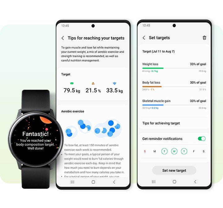 На экране часов Galaxy Watch и двух смартфонов Galaxy отображается целевой показатель состава тела. На экране часов Galaxy Watch отображается сообщение с поздравлением о достижении цели. На экране смартфона Galaxy слева отображаются советы по достижению целей.</p><p> Смартфон Galaxy справа отображает графики того, как далеко пользователь продвинулся в достижении целей.