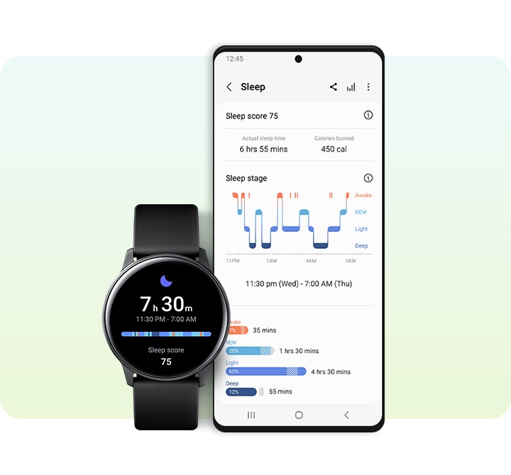 Смартфон Galaxy и часы Galaxy Watch отображают результаты анализа сна.