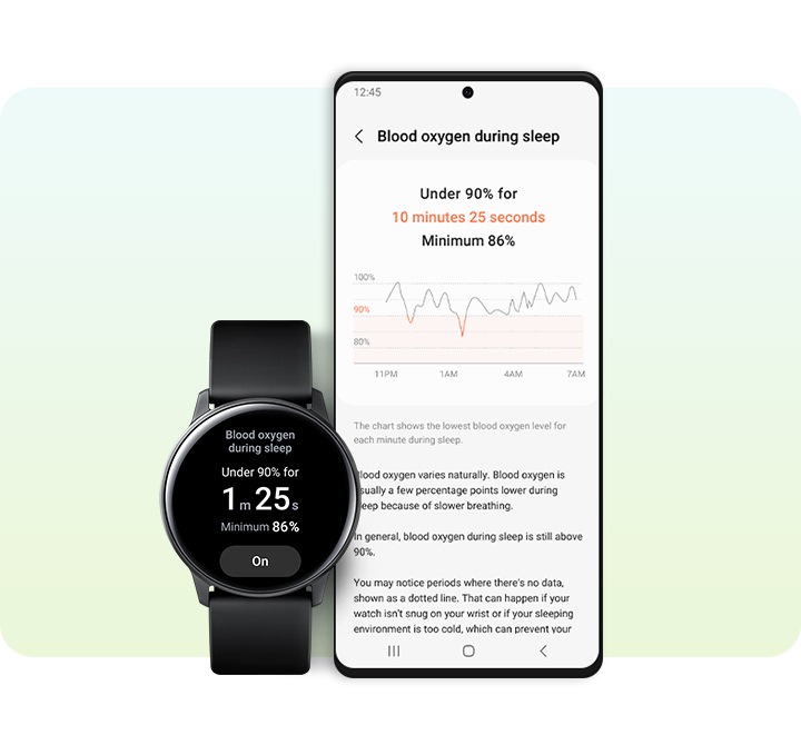 На экране смартфона Galaxy и часов Galaxy Watch отображаются результаты измерения уровня кислорода в крови.