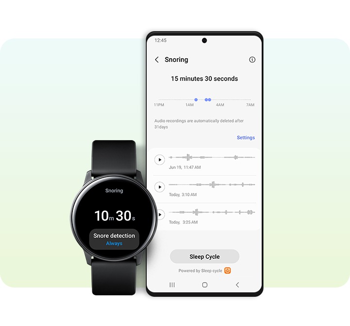 Смартфон Galaxy и часы Galaxy Watch демонстрируют результаты измерения храпа. 