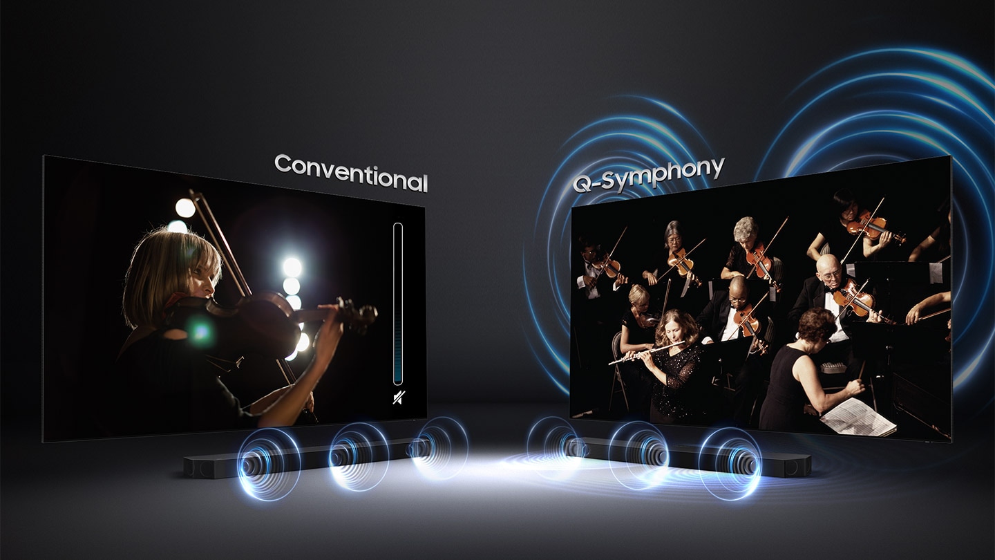 Sound wave graphics from only soundbar demonstrate conventional sound experience. On the other hand, sound wave graphics from TV speaker and soundbar show that Q Symphony allows sound to be heard simultaneously from TV speaker and soundbar.