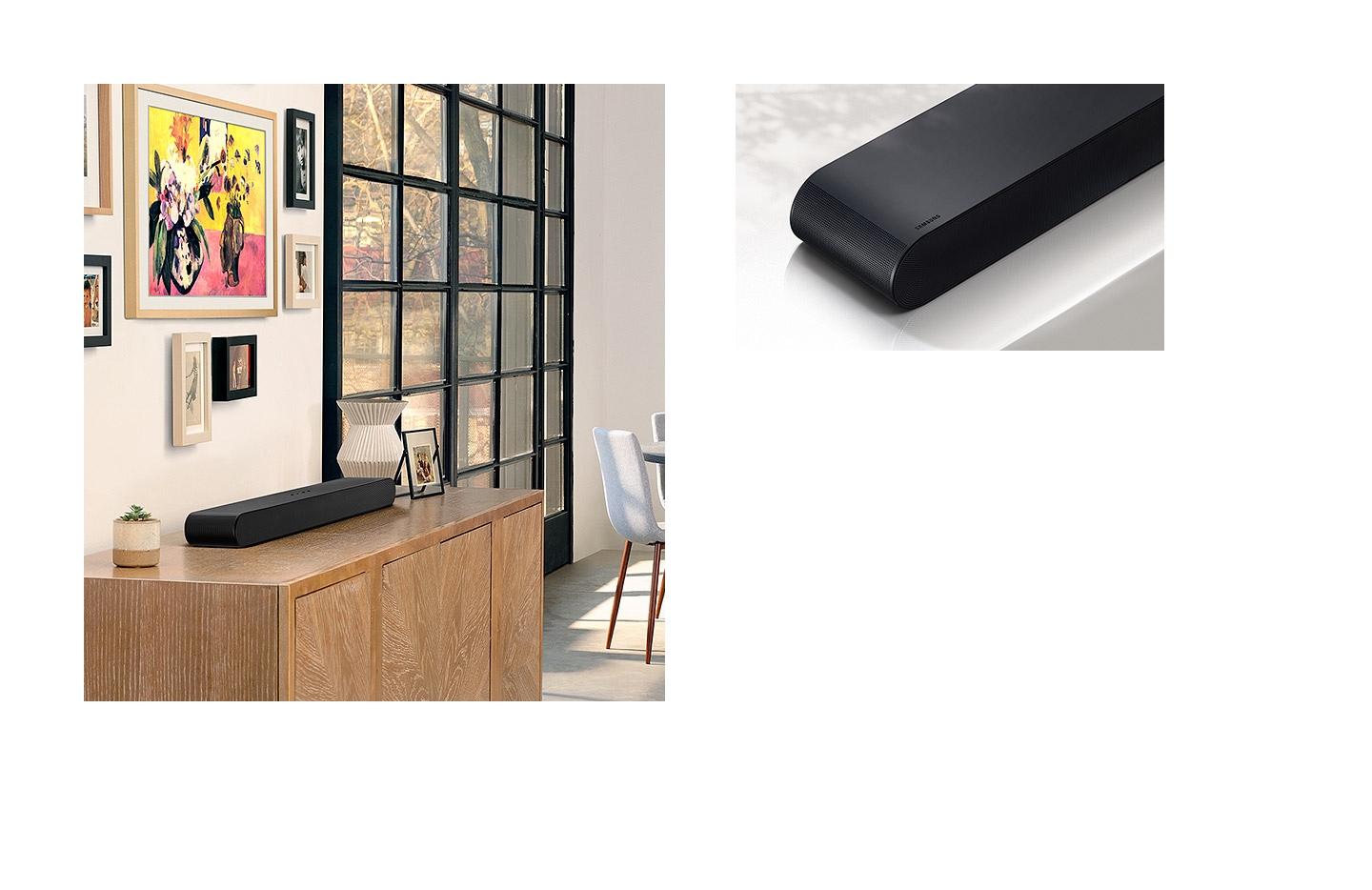 First, S series soundbar blends elegantly with living room interior. Second, Closeup view of S series soundbar is shown.