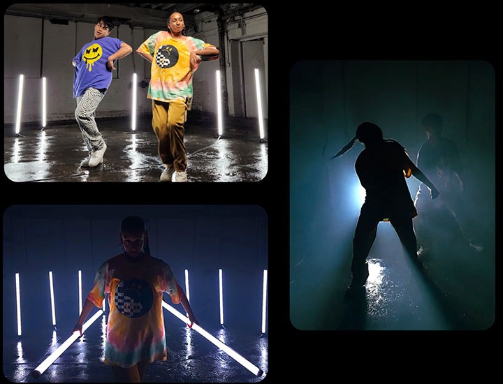 Collage of dancers doing different moves while lit by tube lights and spotlights