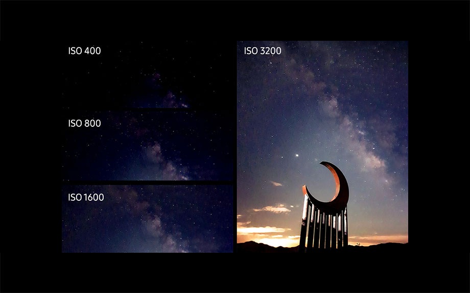 The same image of night sky photography shown with four different ISO settings, 400, 800, 1600 and 3200, to show how ISO can affect the same shot. The first three ISO settings are showing a cropped part of the image, while the ISO 3200 setting shows the full image with a crescent-shaped piece of sculpture art against the Milky Way.