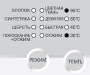 На дисплее горят индикаторы всех режимов стирки + два центральных индикатора температуры