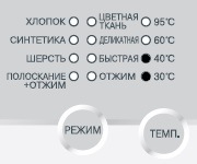 На дисплее горят индикаторы всех режимов стирки + два верхних индикатора температуры