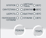 На дисплее горят индикаторы всех режимов стирки + два нижних и верхний индикатор температуры