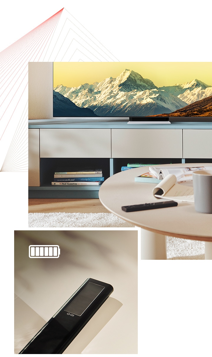 Нэгдүгээрт, SolarCell Remote нь Neo QLED дэлгэцтэй, гэрэлтэй өрөөнд ширээн дээр байрладаг. Хоёрдугаарт, бүрэн цэнэглэгдсэн батерейны дүрс бүхий SolarCell Remote-ийн ойрын зургийг харуулав.
