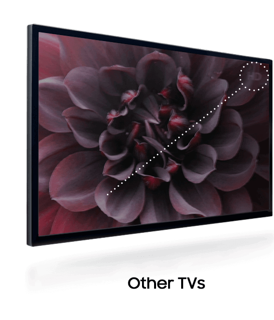 The quality of a strong red flower image on the screen of the conventional TV only with a bezel becomes poorer over time.