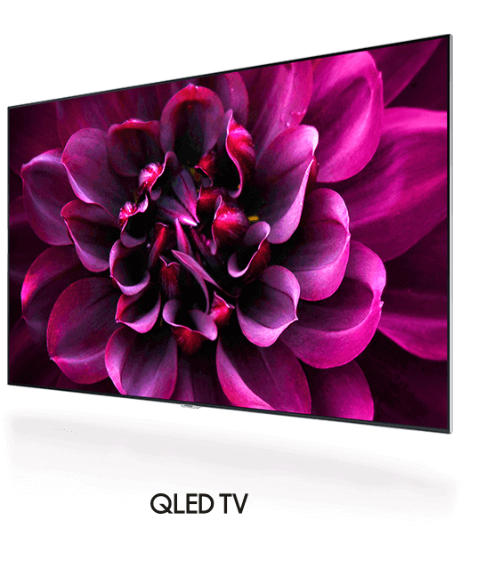 The strong red flower image on the screen of QLED TV only with a bezel is displayed.