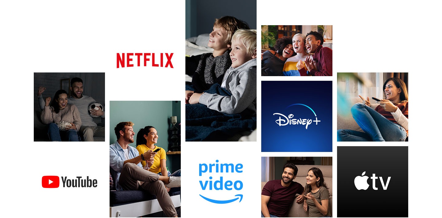 На экране видны логотипы Netflix, YouTube, Amazon Prime Video, Disney+ и Apple TV. Между этими логотипами изображены люди с радостными улыбками, увлеченные просмотром контента.