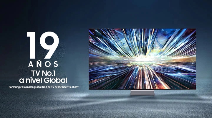 Samsung TV con un diseño metálico brillante. Logotipo que indica que Samsung ocupa el puesto n.º 1 de la marca de TV por 19 años.