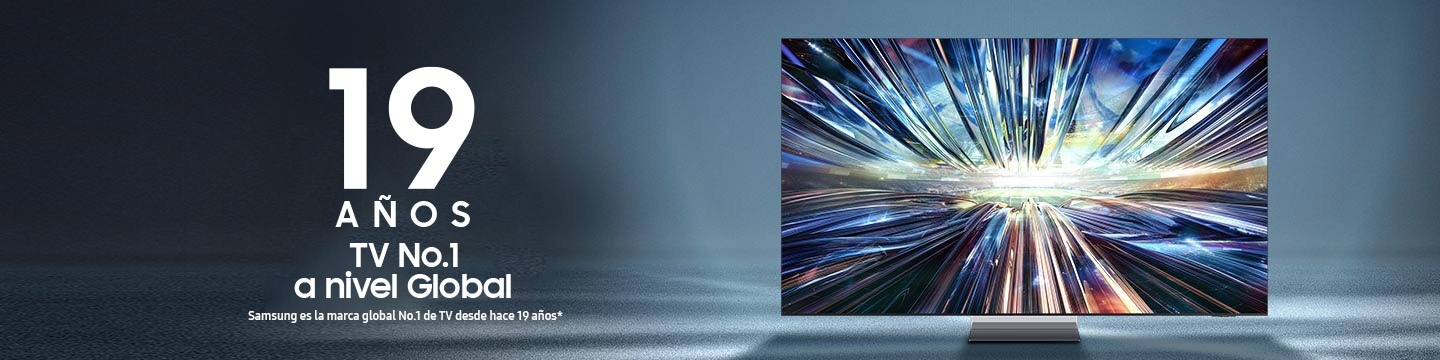 Samsung TV con un diseño metálico brillante. Logotipo que indica que Samsung ocupa el puesto n.º 1 de la marca de TV por 19 años.