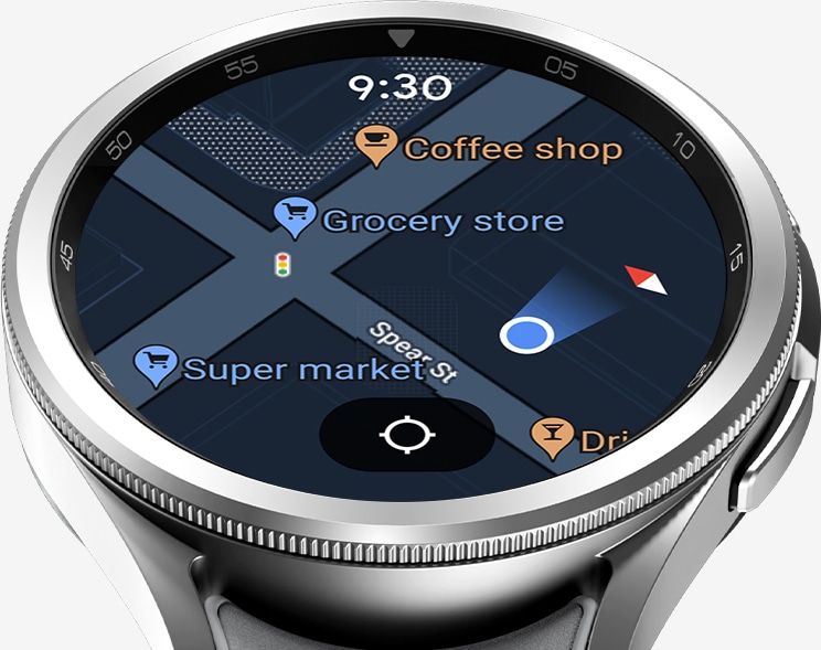 Se puede ver el Galaxy Watch6 Classic mostrando la función GPS, mostrando la ubicación del usuario en un Google Maps.