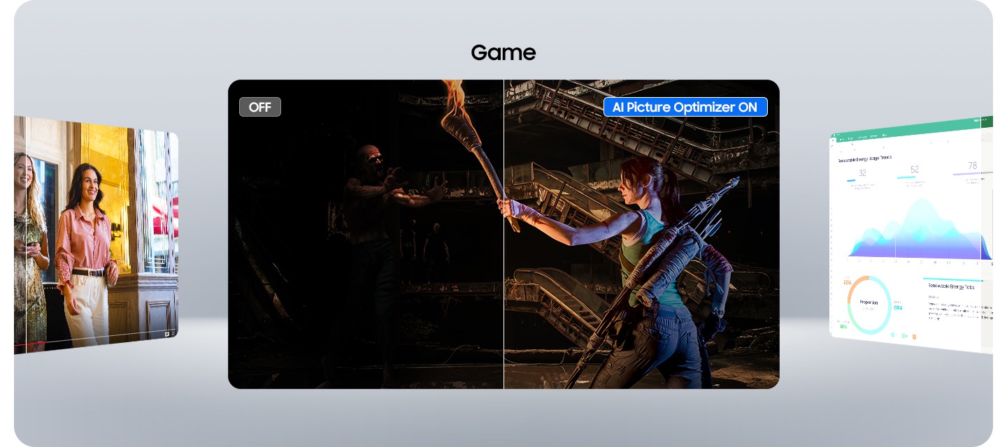 Pantalla dividida por la mitad. La mitad de la escena del juego, el documento y el video se ven oscuros y borrosos con el optimizador de imagen con AI APAGADO, y la otra mitad se ve clara con el optimizador de imagen con AI ENCENDIDO.