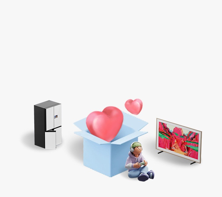 Un gran icono de corazón rosa en 3D se eleva desde el interior de una caja azul, con un icono de corazón rosa en 3D más pequeño flotando a su lado. A la izquierda hay un refrigerador Bespoke AI, y a la derecha está The Frame Pro TV que muestra una escena de juego en su pantalla. Frente a los íconos del corazón y el televisor, un personaje masculino de juego está sentado y juega un juego con atención.