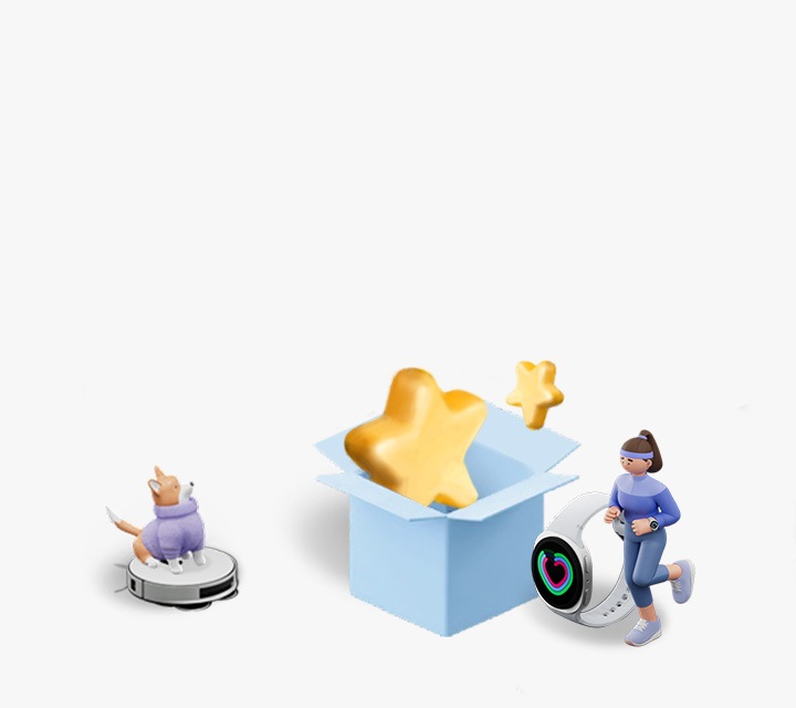 Un gran icono de estrella amarilla en 3D se eleva desde el interior de una caja azul, con un icono de estrella amarilla en 3D más pequeño flotando a su lado. A la izquierda, un perro pequeño monta encima de un Bespoke Jet Bot Combo AI, y a la derecha, un personaje femenino con ropa para correr está de pie junto a un Galaxy Watch8 negro gigante de 40 mm en una pose de carrera.