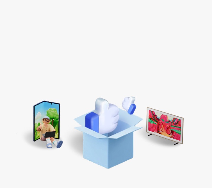 Un gran icono 3D de mano blanca con pulgar hacia arriba con una funda azul se eleva desde el interior de una caja azul, con un icono 3D de mano blanca más pequeño con una manga azul flotando a su lado. A la izquierda, un personaje masculino está sentado frente a un Galaxy Z Fold7 azul gigante con una computadora portátil, y a la derecha, se coloca un televisor The Frame Pro.