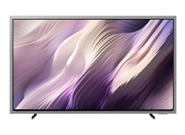 Un televisor Samsung OLED S95H muestra un paisaje abstracto blanco con un toque de morado en la pantalla.