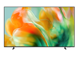 Un Samsung Mini LED M80H TV muestra un paisaje abstracto en tonos azules y rojos en la pantalla.