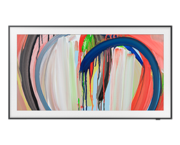 Un Samsung The Frame LS03HA TV muestra una colorida obra de arte en la pantalla.