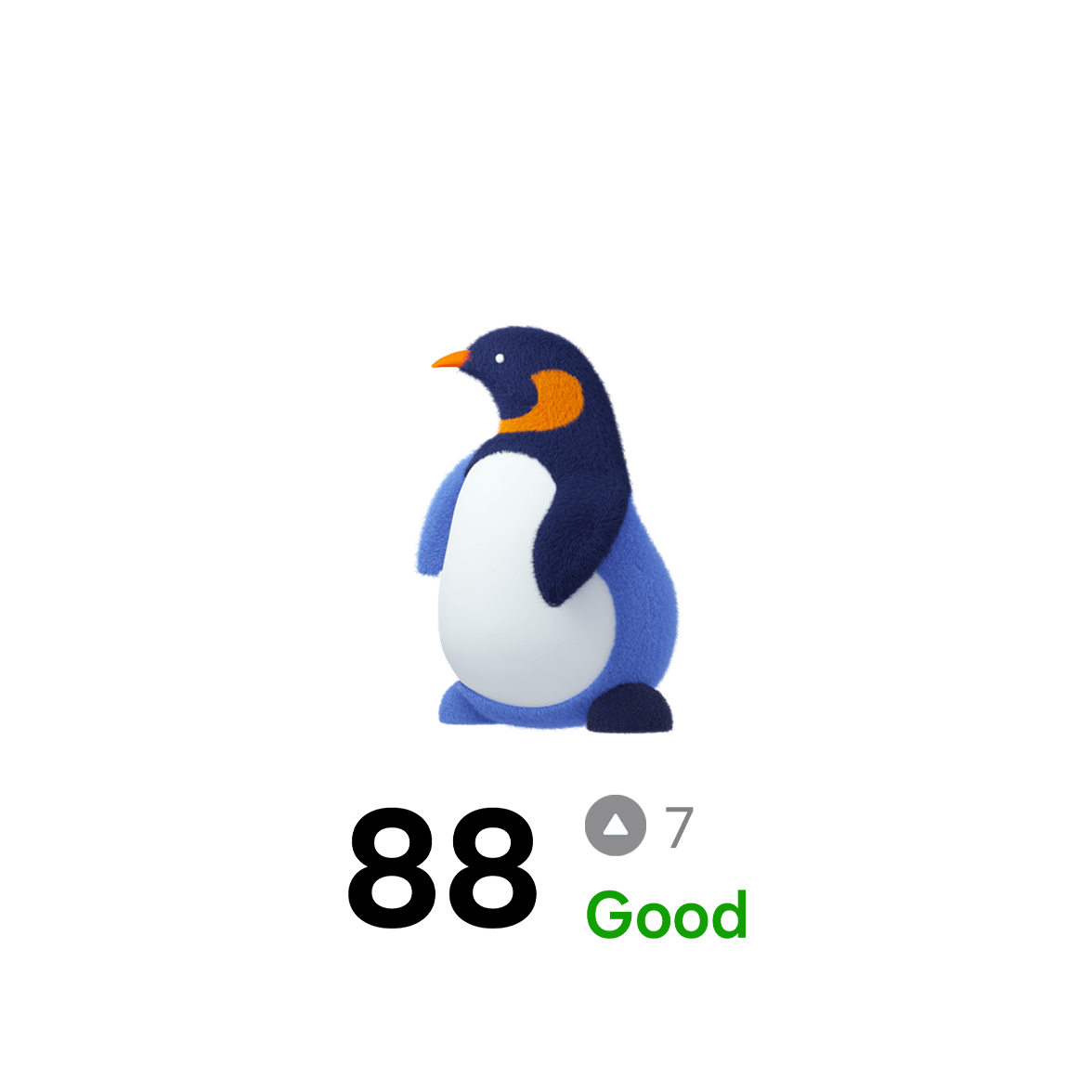 Ícono de pingüino de Entrenamiento del sueño, que representa a uno de los ocho animales que indican el tipo de sueño, y un puntaje bueno de 88 con una disminución de 7 puntos respecto al día anterior.
