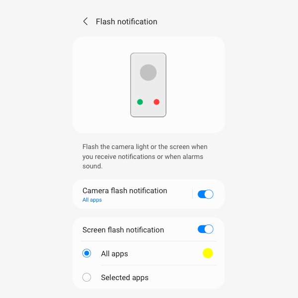 A screenshot of the Customisable 'Flash Notification' accessibility settings panel on a Galaxy smartphone, showing how Flash notifications are turned on, which apps will trigger the notifications, and other settings. 'Flash the camera light or the screen when you receive notifications or when alarms sound. Camera flash notification. All apps. Screen flash notification. All apps. Selected apps.'