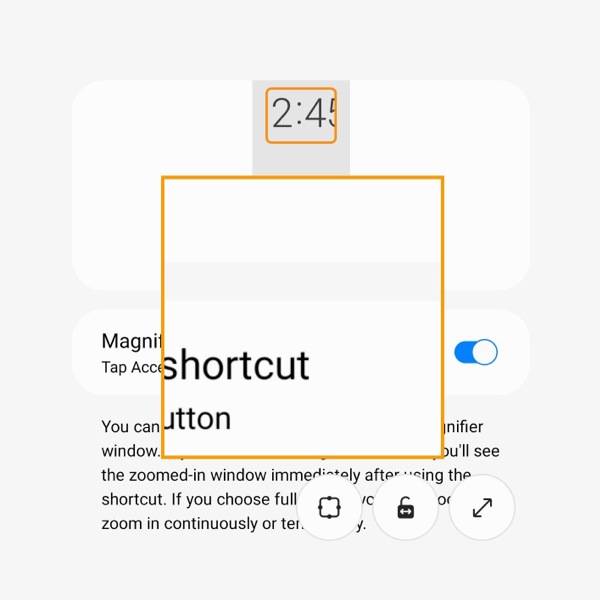A screenshot of the Magnification settings panel on a Galaxy smartphone, with a draggable, pinchable magnification window overlaid to show what the setting looks like in action, and how it can make onscreen text more readable.