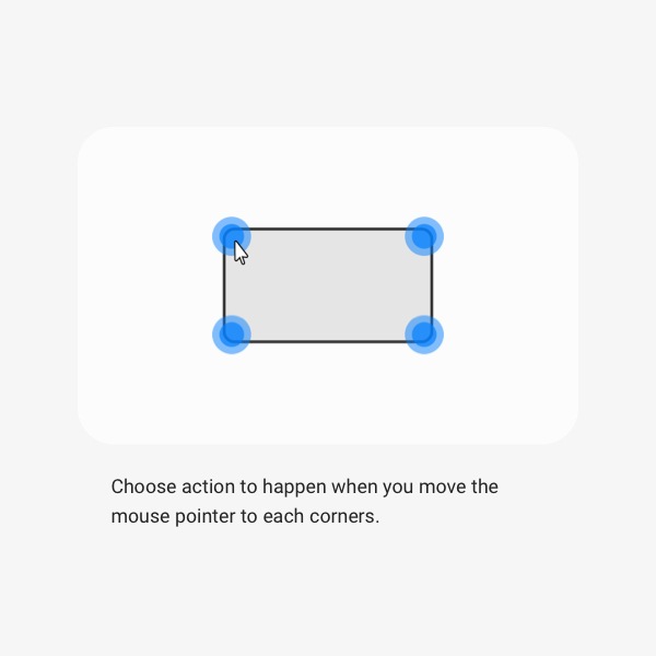 A screenshot of the Corner Actions accessibility settings panel on a Galaxy smartphone, showing how the corners of a smartphone can be triggered by hovering a mouse over them to launch different apps and features. 'Choose action to happen when you move the mouse pointer to each corners.'