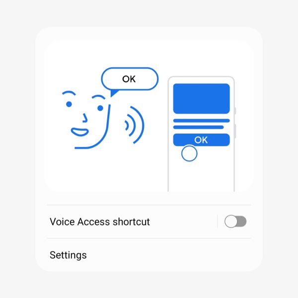 A screenshot of the Voice Access accessibility settings panel on a Galaxy smartphone, showing how the Voice Access shortcut can be triggered, and how you can navigate through different user interface elements like the OK button by simply saying them out loud.