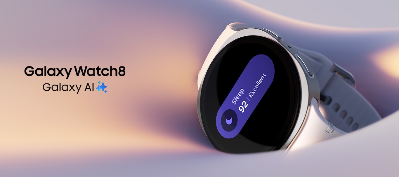 The text Galaxy Watch8, Galaxy AI and a Galaxy AI icon. Galaxy Watch8 is resting on soft fabric, with its screen showing a sleep icon, Sleep score of 92 and the word Excellent.