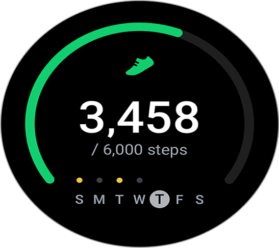 A Silver-bodied Galaxy Watch5 displaying counted steps in big white numbers '3,458 / 6000 steps', and the days of the week with Thursday highlighted.